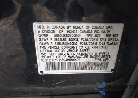 2004 Honda Pilot Ex-L из США, поврежденный, VIN 2HKYF18594H584401